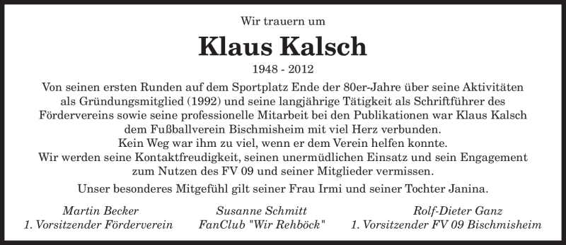  Traueranzeige für Klaus Kalsch vom 14.04.2012 aus SAARBRÜCKER ZEITUNG