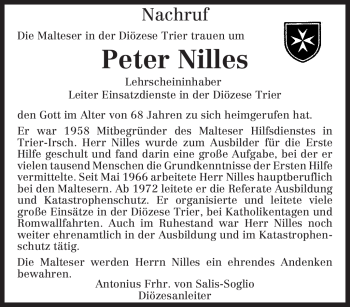 Traueranzeige von Peter Nilles von SAARBRÜCKER ZEITUNG