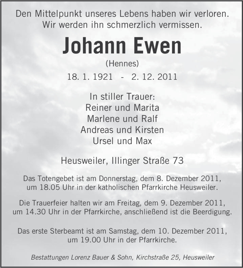  Traueranzeige für Johann Ewen vom 06.12.2011 aus SAARBRÜCKER ZEITUNG
