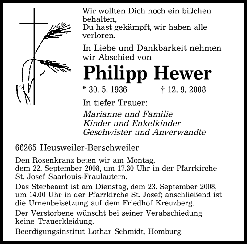  Traueranzeige für Philipp Hewer vom 18.09.2008 aus SAARBRÜCKER ZEITUNG