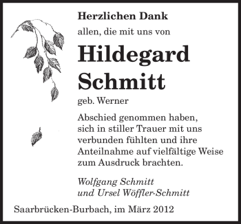 Traueranzeige von Hildegard Schmitt von SAARBRÜCKER ZEITUNG
