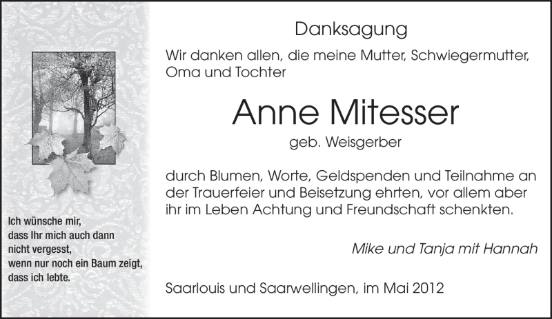  Traueranzeige für Anne Mitesser vom 25.05.2012 aus SAARBRÜCKER ZEITUNG