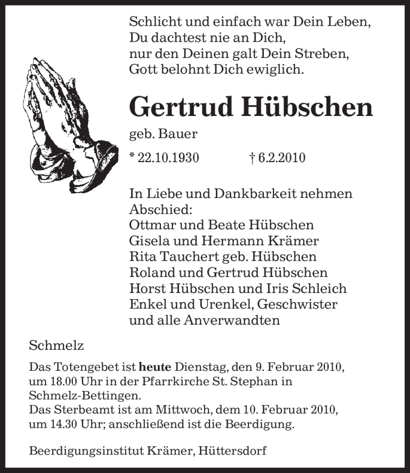  Traueranzeige für Gertrud Hübschen vom 09.02.2010 aus SAARBRÜCKER ZEITUNG