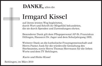 Traueranzeige von Irmgard Kissel von SAARBRÜCKER ZEITUNG