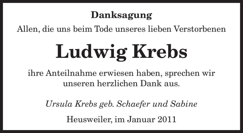  Traueranzeige für Ludwig Krebs vom 14.01.2011 aus SAARBRÜCKER ZEITUNG