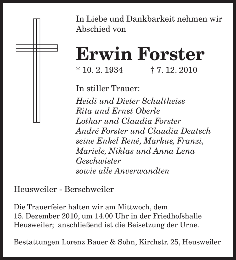  Traueranzeige für Erwin Forster vom 11.12.2010 aus SAARBRÜCKER ZEITUNG