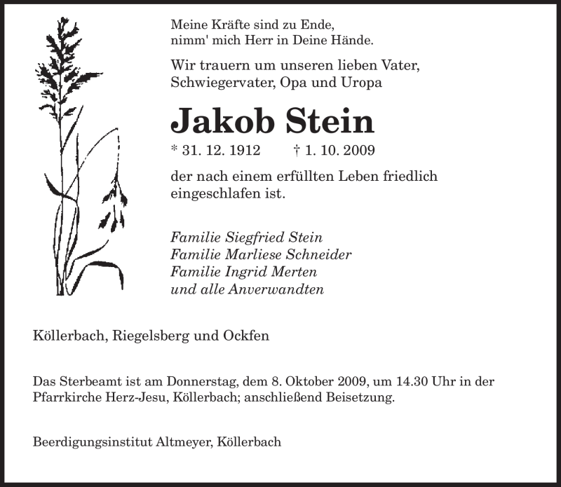  Traueranzeige für Jakob Stein vom 05.10.2009 aus SAARBRÜCKER ZEITUNG