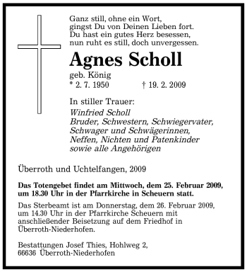 Traueranzeige von Agnes Scholl von SAARBRÜCKER ZEITUNG