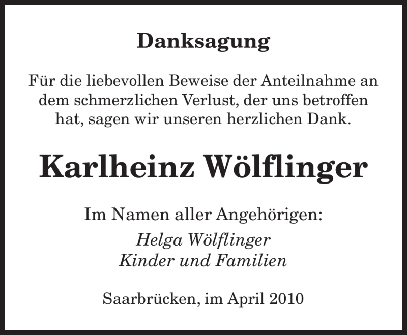  Traueranzeige für Karlheinz Wölflinger vom 30.04.2010 aus SAARBRÜCKER ZEITUNG