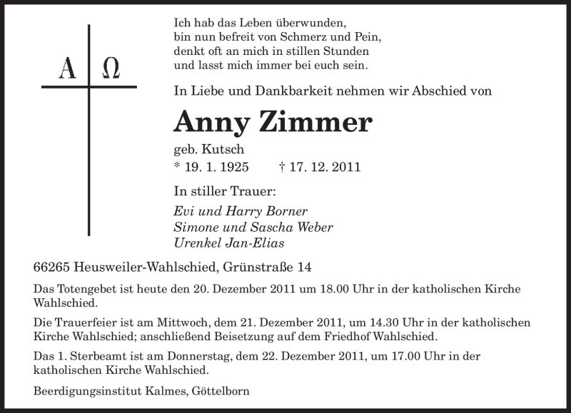  Traueranzeige für Anny Zimmer vom 20.12.2011 aus SAARBRÜCKER ZEITUNG