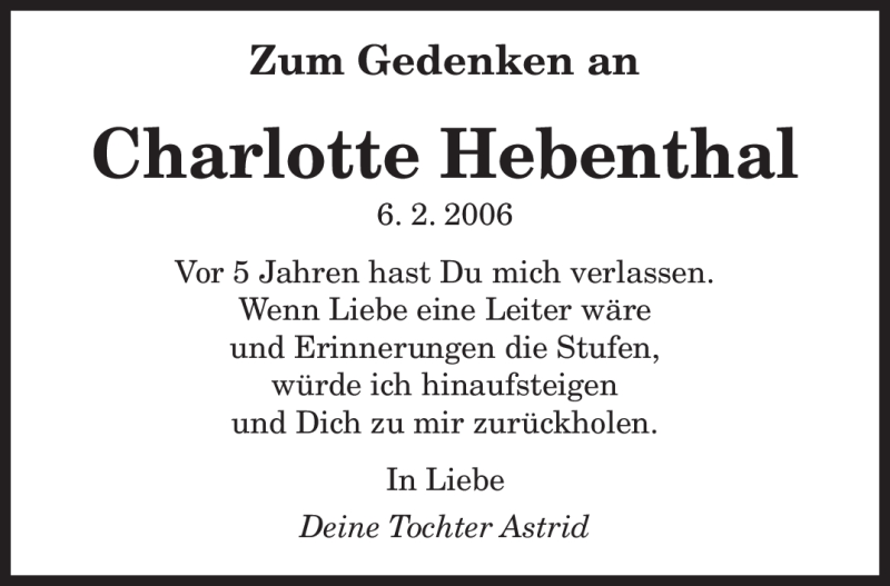  Traueranzeige für Charlotte Hebenthal vom 05.02.2011 aus SAARBRÜCKER ZEITUNG