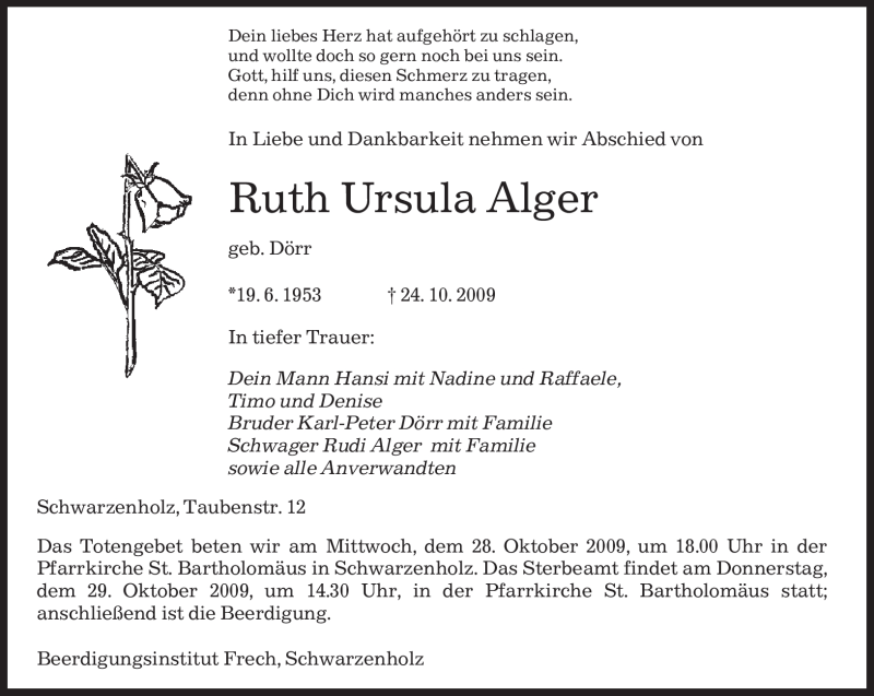  Traueranzeige für Ruth Ursula Alger vom 27.10.2009 aus SAARBRÜCKER ZEITUNG