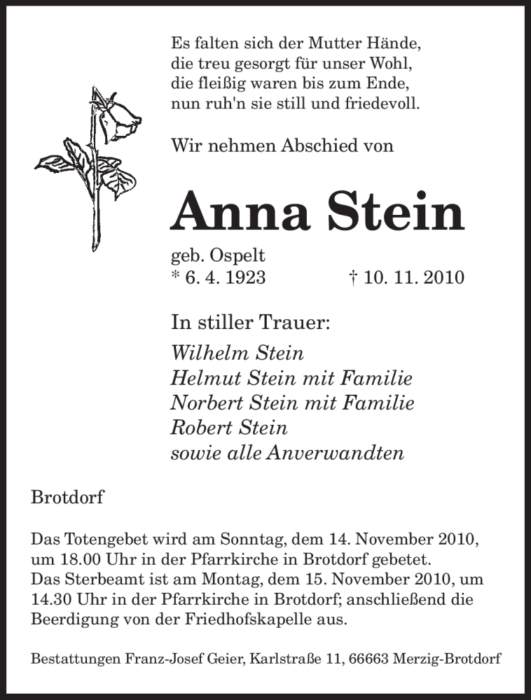  Traueranzeige für Anna Stein vom 13.11.2010 aus SAARBRÜCKER ZEITUNG