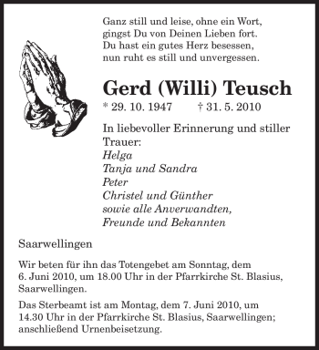 Traueranzeige von Gerd Teusch von SAARBRÜCKER ZEITUNG