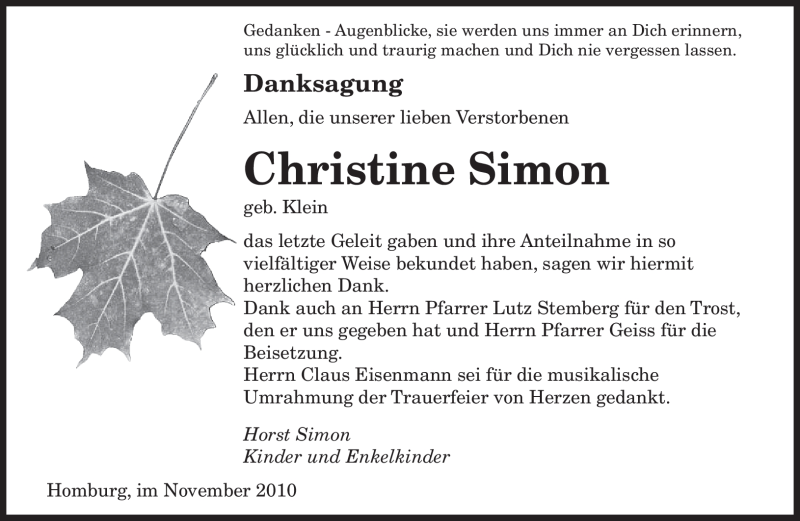  Traueranzeige für Christine Simon vom 16.11.2010 aus SAARBRÜCKER ZEITUNG