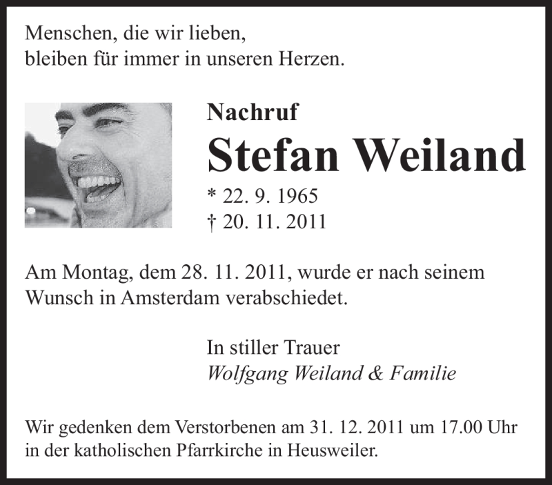  Traueranzeige für Stefan Weiland vom 07.12.2011 aus SAARBRÜCKER ZEITUNG