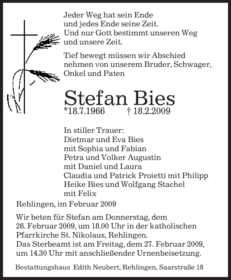  Traueranzeige für Stefan Bies vom 24.02.2009 aus SAARBRÜCKER ZEITUNG