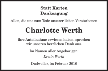 Traueranzeige von Charlotte Werth von SAARBRÜCKER ZEITUNG