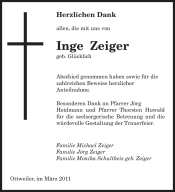 Traueranzeige von Inge Zeiger von SAARBRÜCKER ZEITUNG