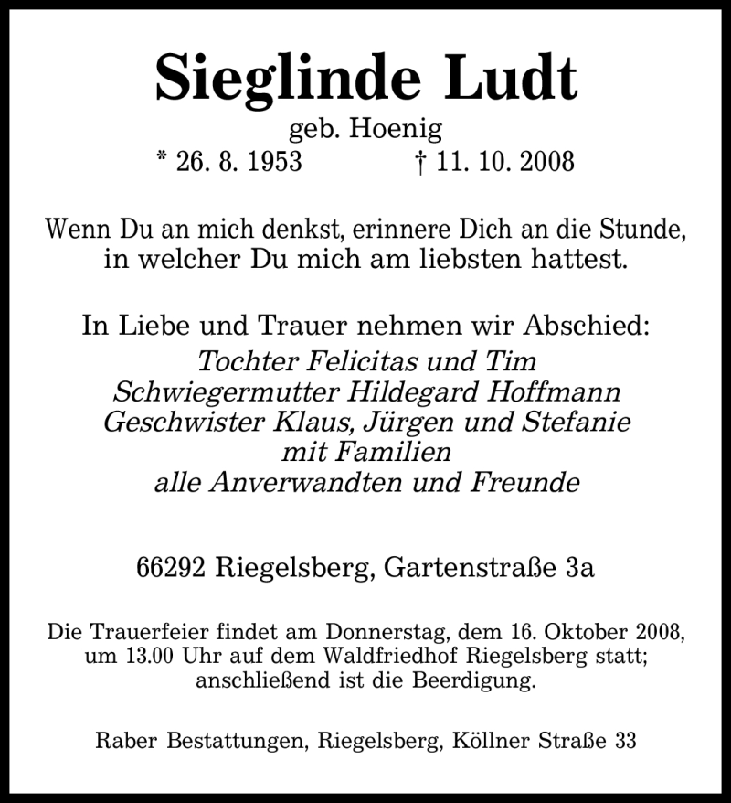  Traueranzeige für Sieglinde Ludt vom 13.10.2008 aus SAARBRÜCKER ZEITUNG