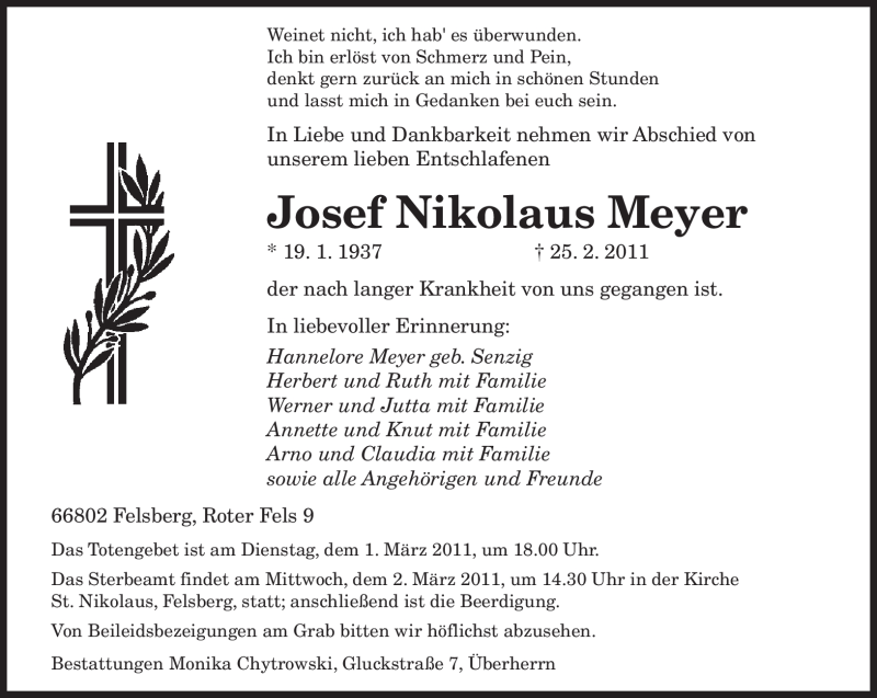  Traueranzeige für Josef Nikolaus Meyer vom 28.02.2011 aus SAARBRÜCKER ZEITUNG