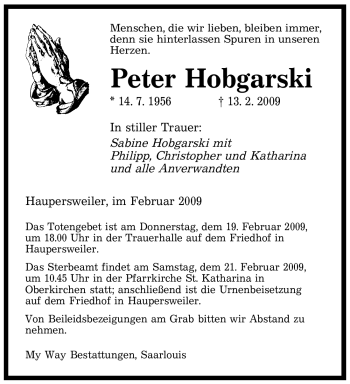 Traueranzeige von Peter Hobgarski von SAARBRÜCKER ZEITUNG