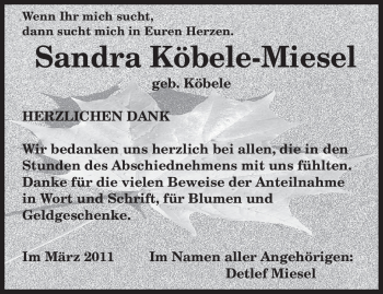 Traueranzeige von Sandra Köbele-Miesel von SAARBRÜCKER ZEITUNG