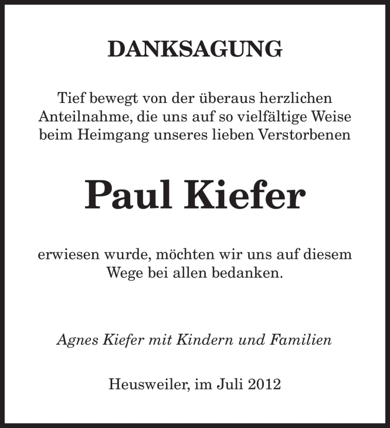  Traueranzeige für Paul Kiefer vom 21.07.2012 aus SAARBRÜCKER ZEITUNG