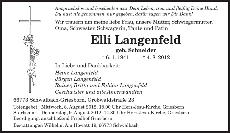  Traueranzeige für Elli Langenfeld vom 08.08.2012 aus SAARBRÜCKER ZEITUNG