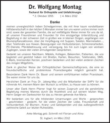 Traueranzeige von Wolfgang Montag von SAARBRÜCKER ZEITUNG