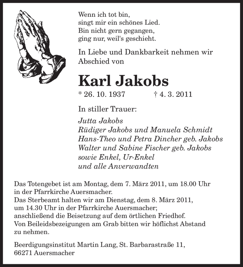  Traueranzeige für Karl Jakobs vom 07.03.2011 aus SAARBRÜCKER ZEITUNG
