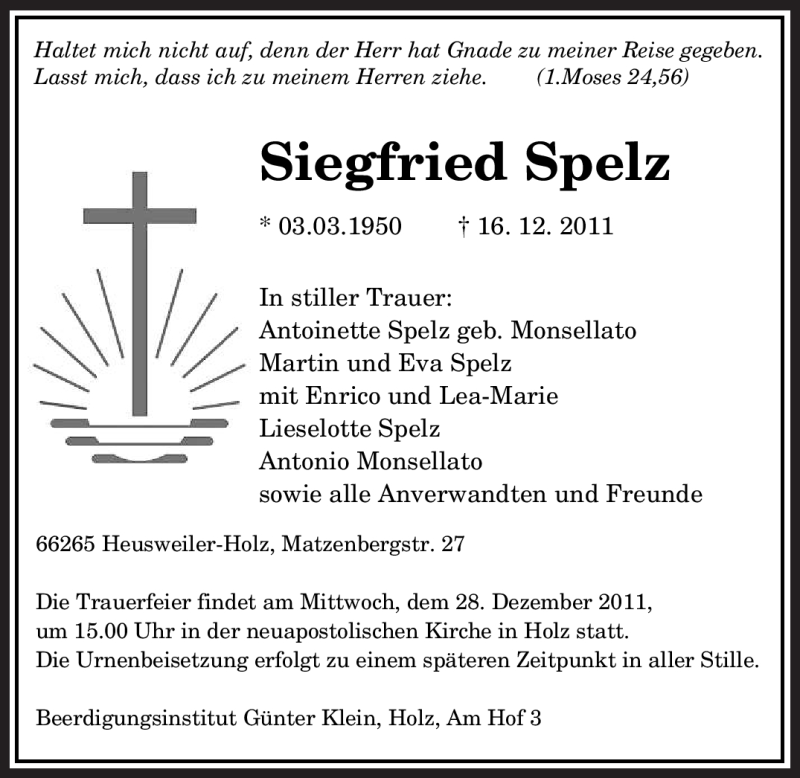 Traueranzeige für Siegfried Spelz vom 24.12.2011 aus SAARBRÜCKER ZEITUNG