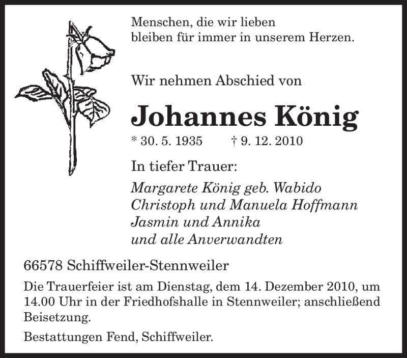  Traueranzeige für Johannes König vom 11.12.2010 aus SAARBRÜCKER ZEITUNG