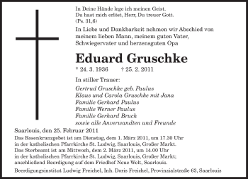 Traueranzeige von Eduard Gruschke von SAARBRÜCKER ZEITUNG