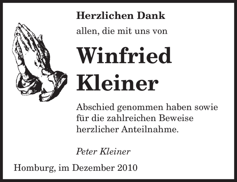  Traueranzeige für Winfried Kleiner vom 30.12.2010 aus SAARBRÜCKER ZEITUNG