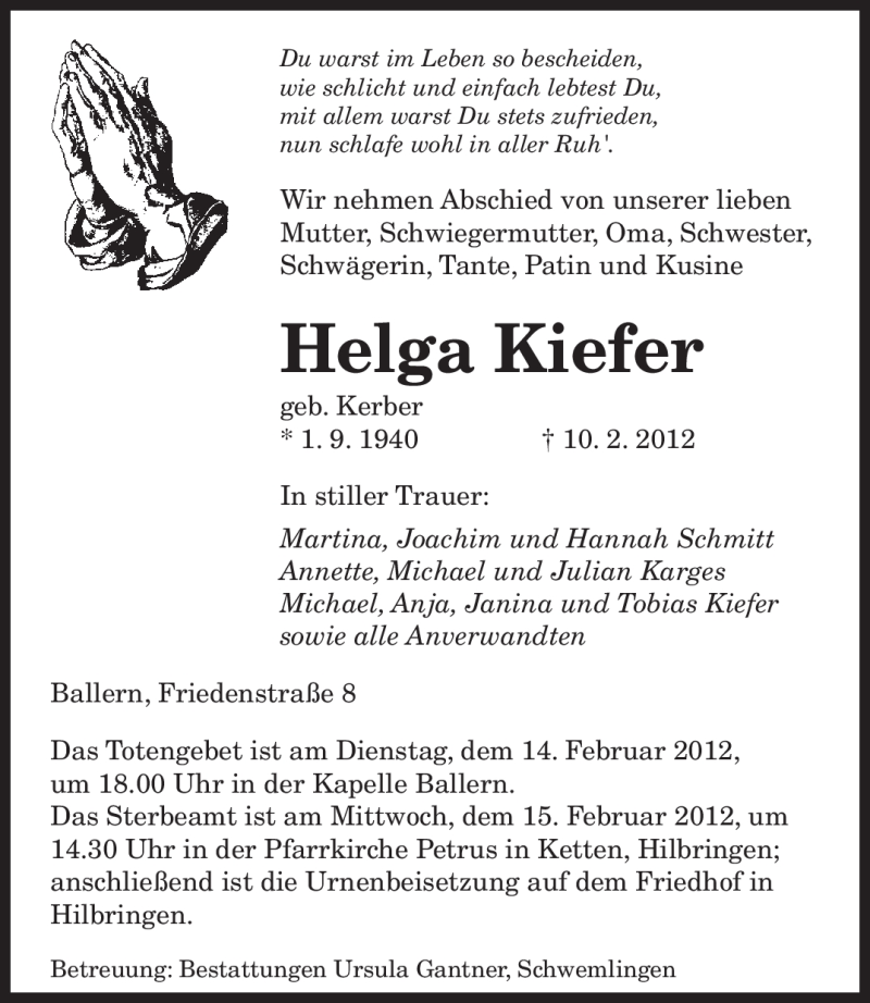  Traueranzeige für Helga Kiefer vom 13.02.2012 aus SAARBRÜCKER ZEITUNG
