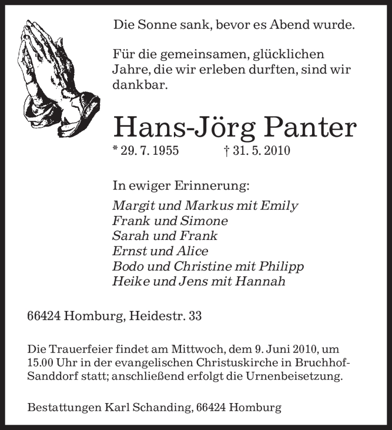  Traueranzeige für Hans-Jörg Panter vom 04.06.2010 aus SAARBRÜCKER ZEITUNG