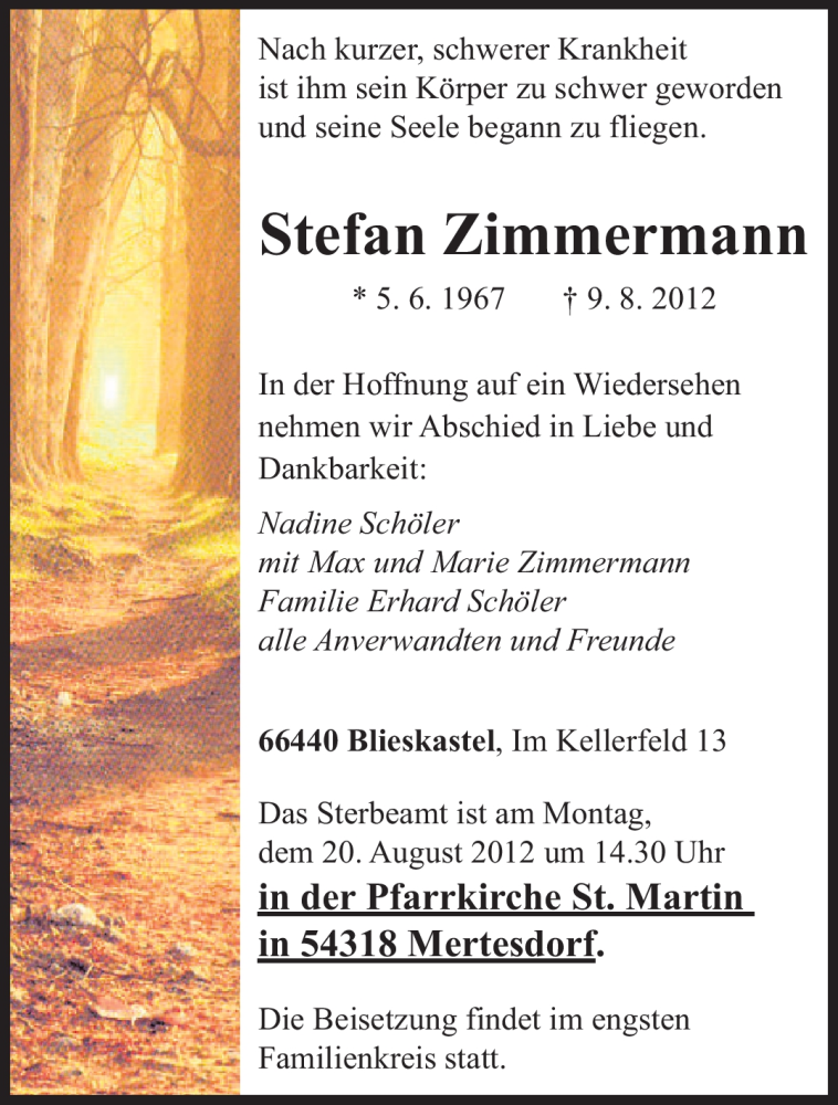  Traueranzeige für Stefan Zimmermann vom 16.08.2012 aus SAARBRÜCKER ZEITUNG
