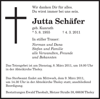 Traueranzeige von Jutta Schäfer von SAARBRÜCKER ZEITUNG