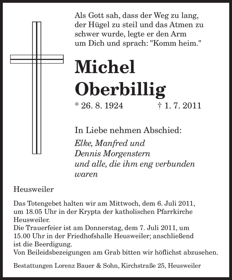  Traueranzeige für Michel Oberbillig vom 04.07.2011 aus SAARBRÜCKER ZEITUNG