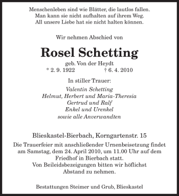 Traueranzeige von Rosel Schetting von SAARBRÜCKER ZEITUNG