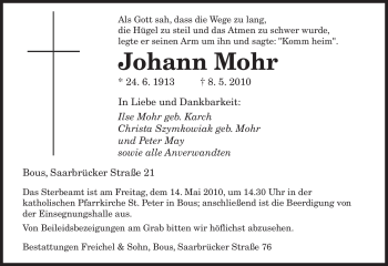 Traueranzeige von Johann Mohr von SAARBRÜCKER ZEITUNG