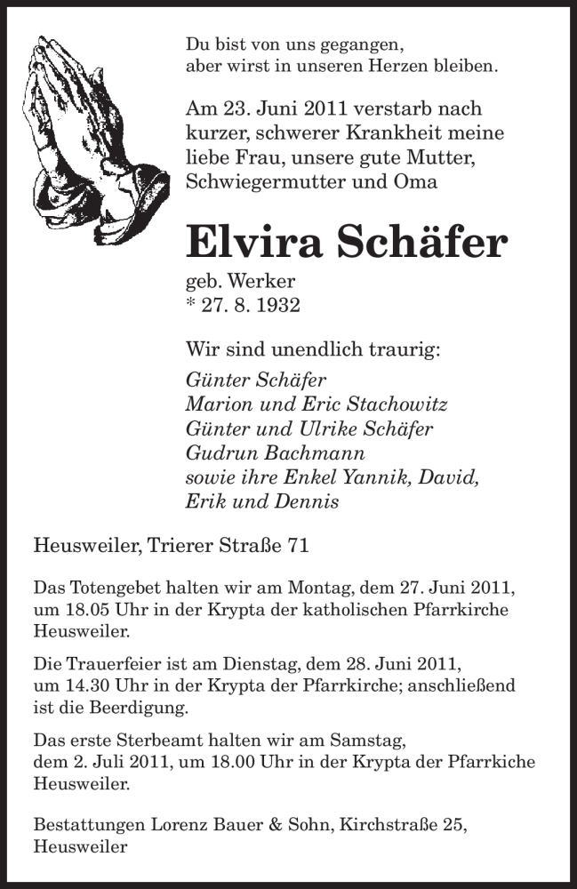  Traueranzeige für Elvira Schäfer vom 25.06.2011 aus SAARBRÜCKER ZEITUNG