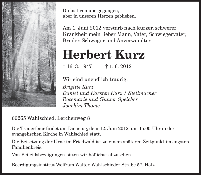  Traueranzeige für Herbert Kurz vom 09.06.2012 aus SAARBRÜCKER ZEITUNG