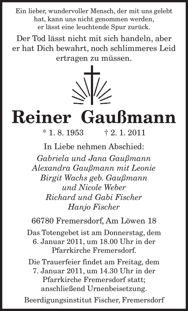  Traueranzeige für Reiner Gaußmann vom 05.01.2011 aus SAARBRÜCKER ZEITUNG