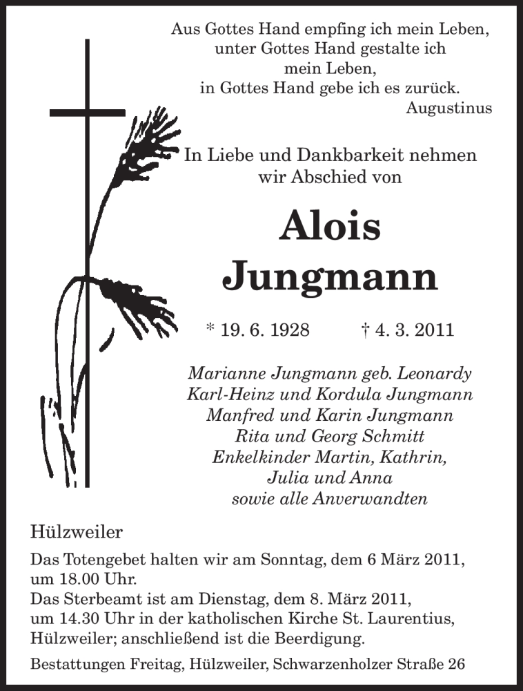 Traueranzeige für Alois Jungmann vom 07.03.2011 aus SAARBRÜCKER ZEITUNG