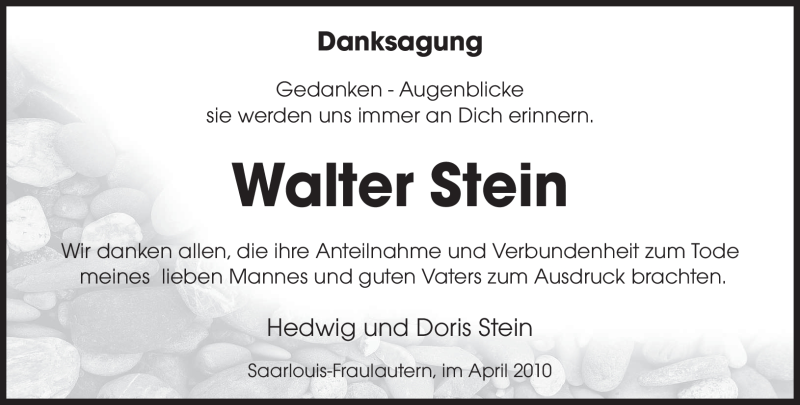  Traueranzeige für Walter Stein vom 30.04.2010 aus SAARBRÜCKER ZEITUNG