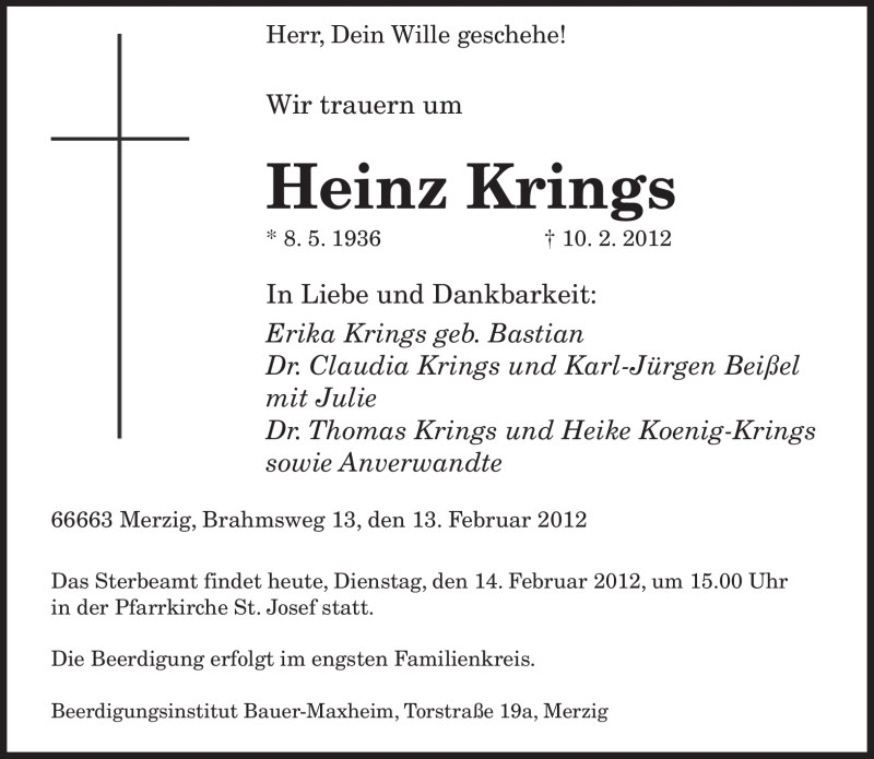  Traueranzeige für Heinz Krings vom 14.02.2012 aus SAARBRÜCKER ZEITUNG