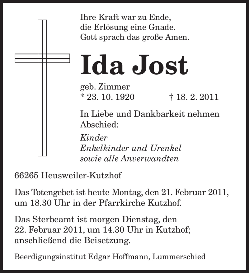 Traueranzeige für Ida Jost vom 21.02.2011 aus SAARBRÜCKER ZEITUNG