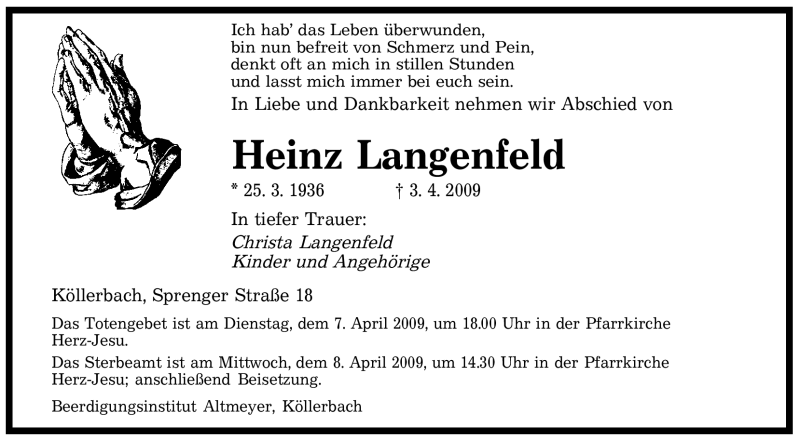  Traueranzeige für Heinz Langenfeld vom 06.04.2009 aus SAARBRÜCKER ZEITUNG
